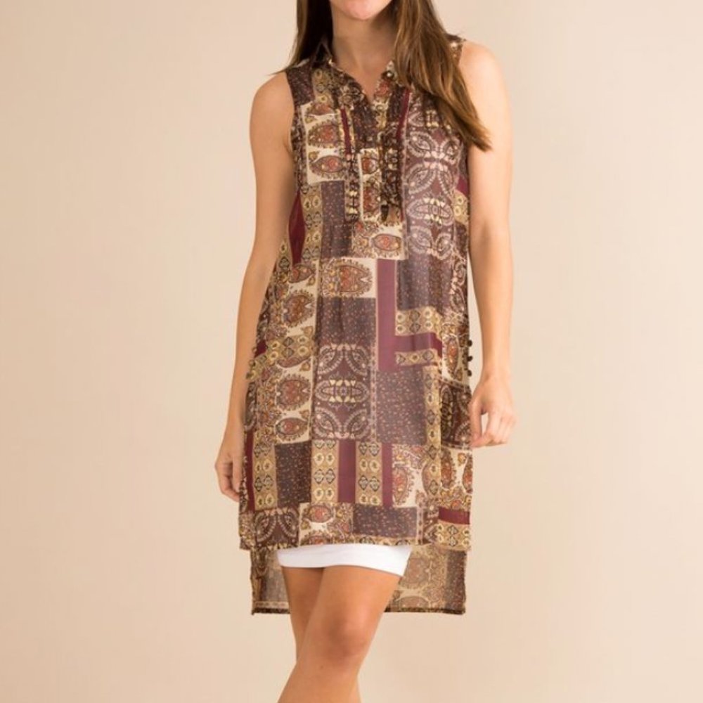 Simply Noelle Large L XL Orange‎ Patchwork Chiffon Collared Button Tunic Dress